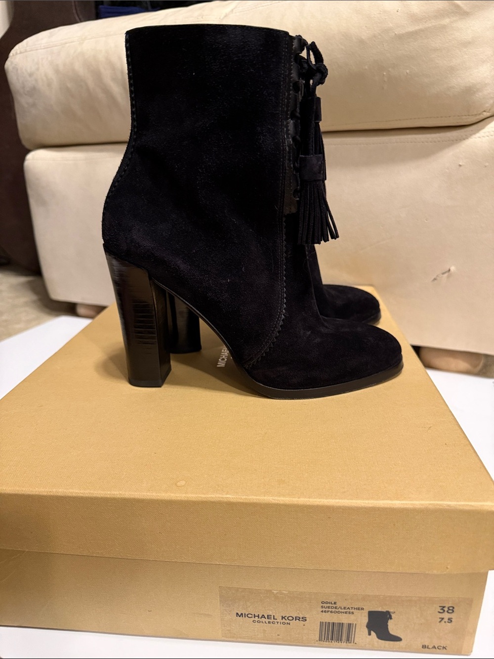Michael Kors Collection Black Suede Tassel Lace-Up Block Heel Boots